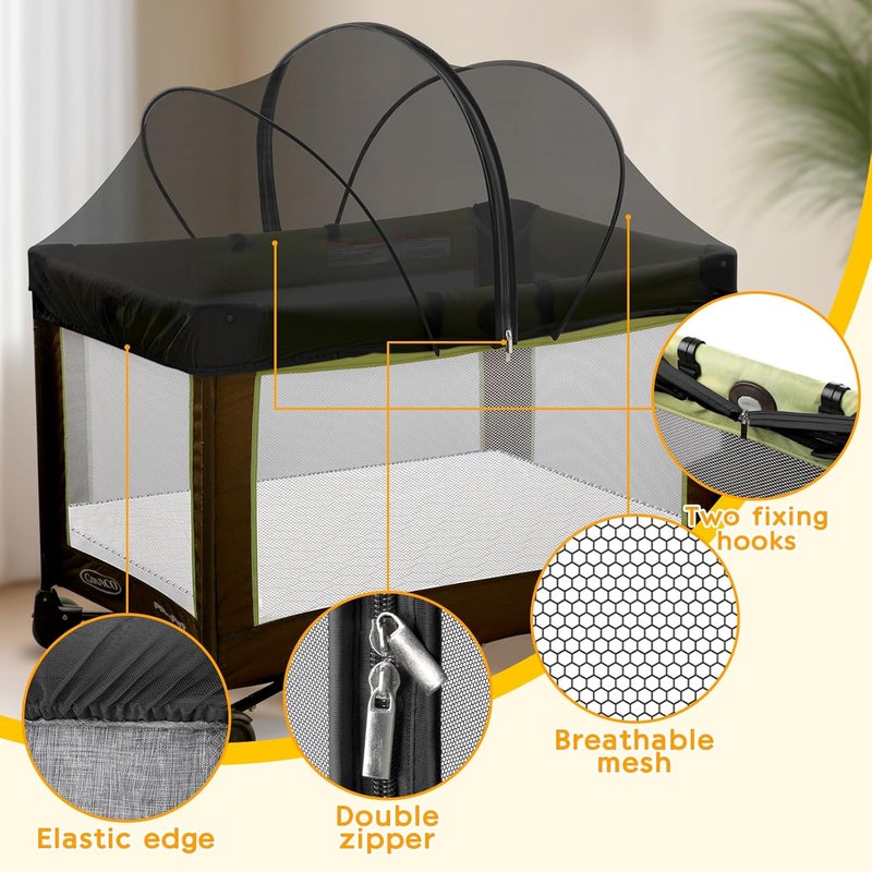 jiangcha Pack and Play Cover - Mosquito Net Cover for Pack n Play/Travel Crib/Mini Crib/Playpen to Keep Cats Out - Breathable Baby Mosquito Net with 2-Way Zipper (Black-Large) - Image 2